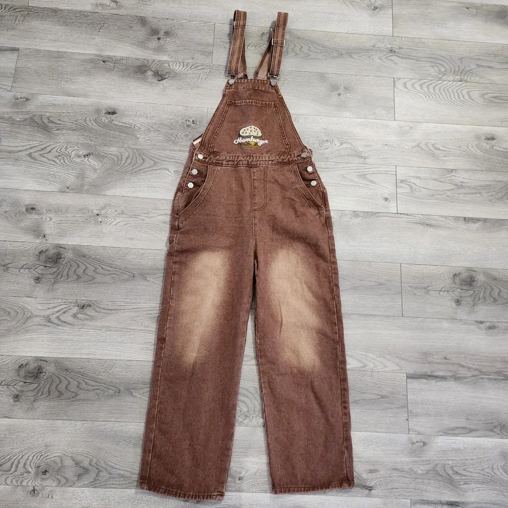 Embroidered Hamburger Logo‎ Denim Overalls Jeans Brown  Women's S RARE